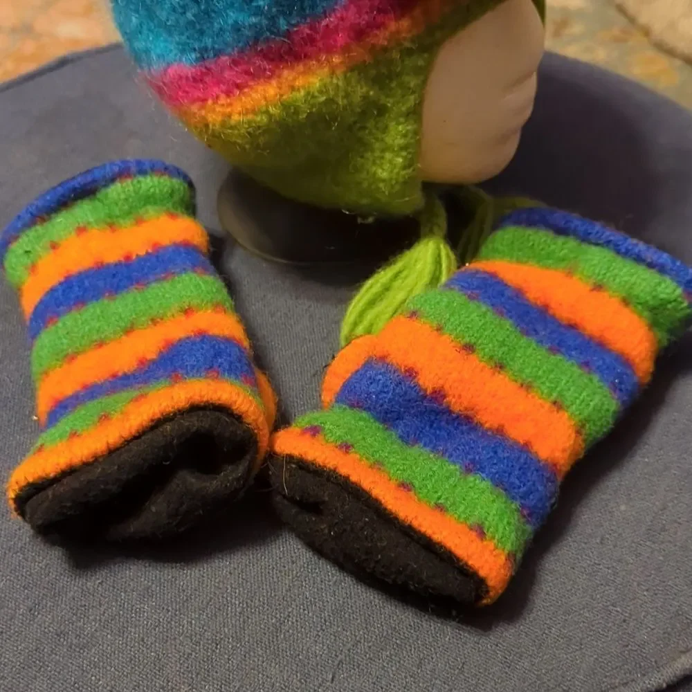 PERUVIAN CHULLO Winter Knit COLORS STRIPED HAT W/EAR FLAPS/hand warmersFOR Child